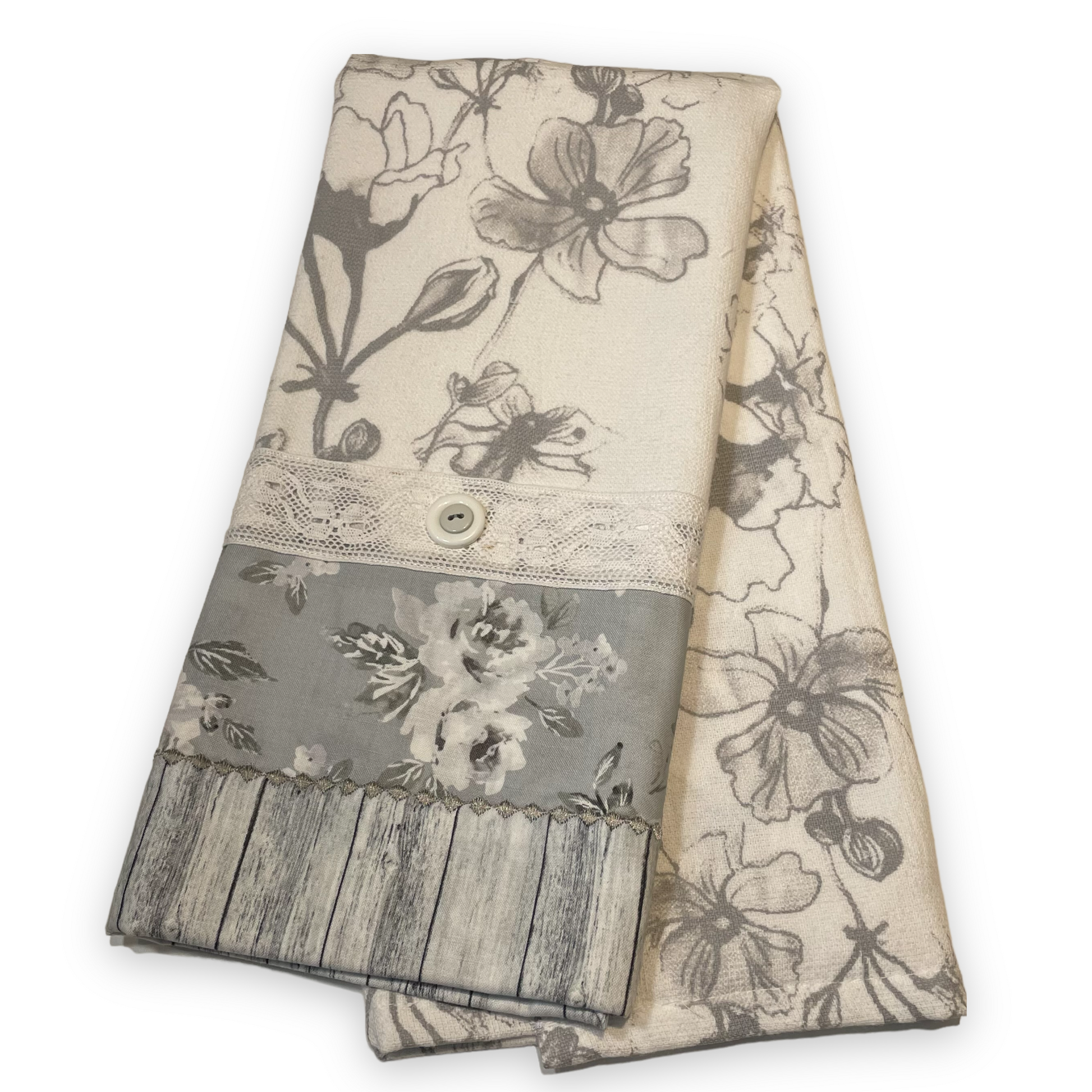 Grey and White Kitchen Dish Towel, Cute Handcrafted Modern Farmhouse Tea Towel - Home Stitchery Decor