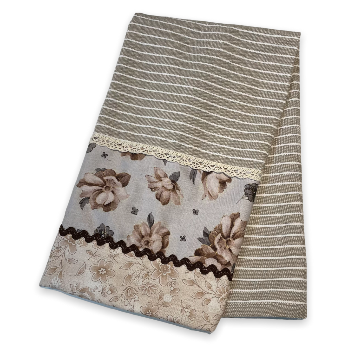Modern Farmhouse Decorative Tea Towel. Brown and Cream Striped Dish Towel - Home Stitchery Decor