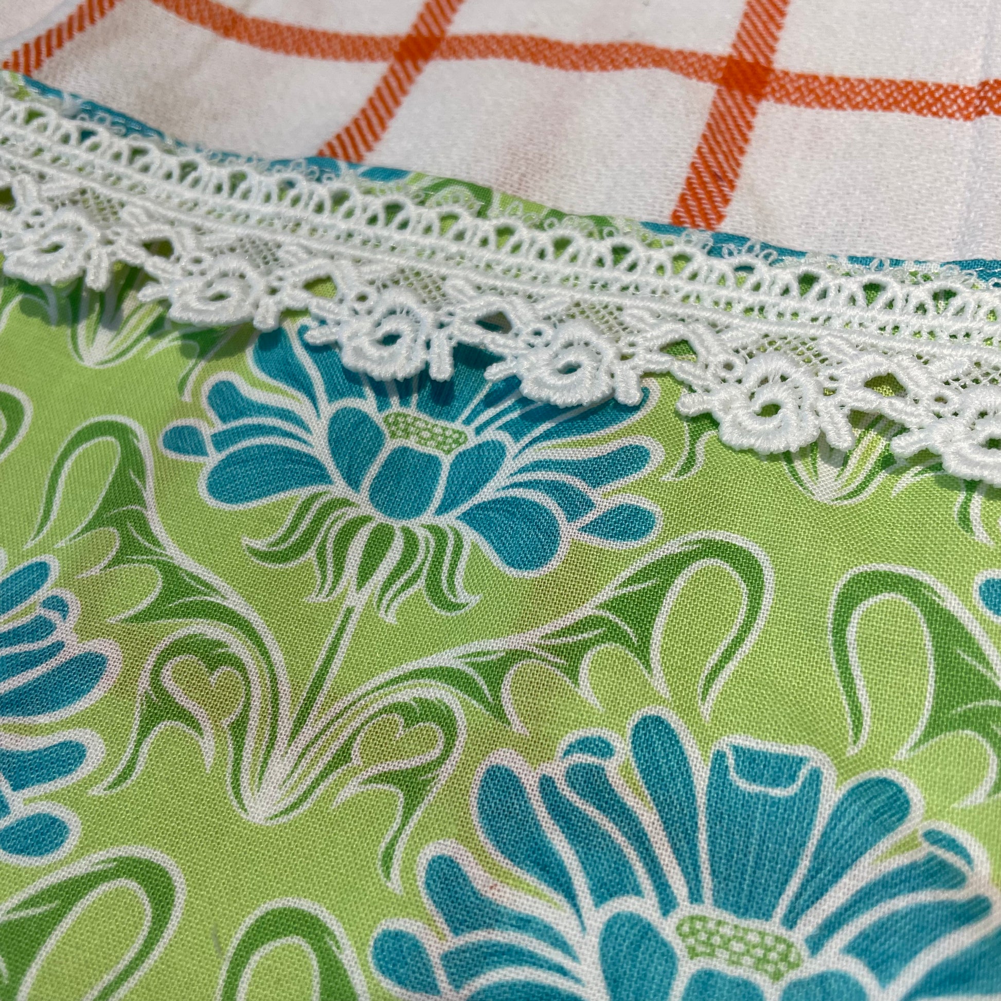 Cute Retro Decorative Dish Towel. Orange and White Checked Tea Towel with Handcrafted Accents - Home Stitchery Decor