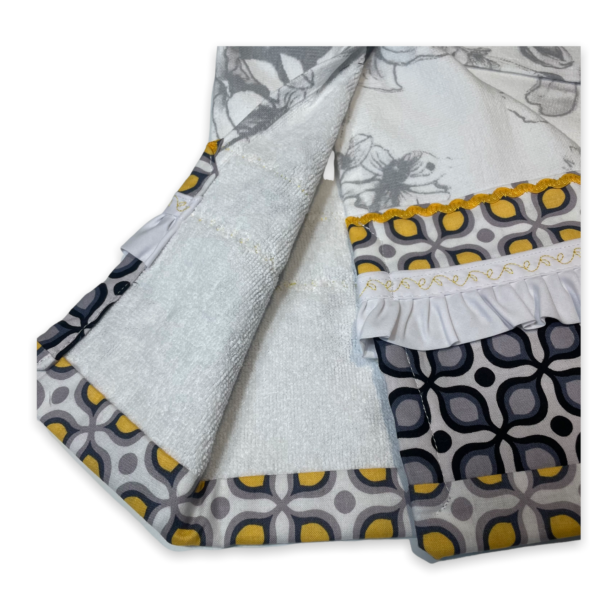 Grey and Yellow Floral Tea Towel. Decorative Modern Kitchen Dish Towel. - Home Stitchery Decor