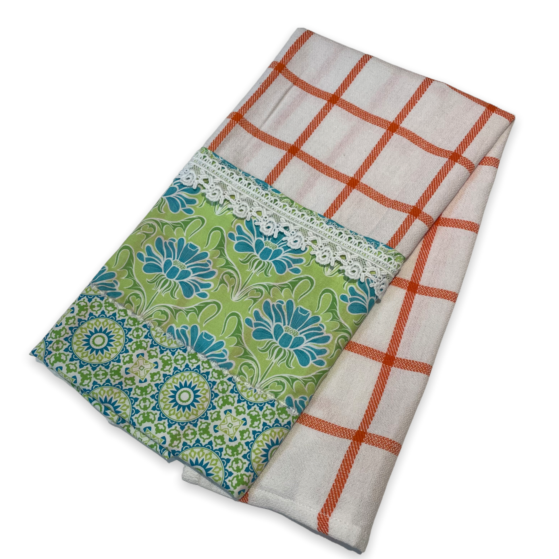 Cute Retro Decorative Dish Towel. Orange and White Checked Tea Towel with Handcrafted Accents - Home Stitchery Decor
