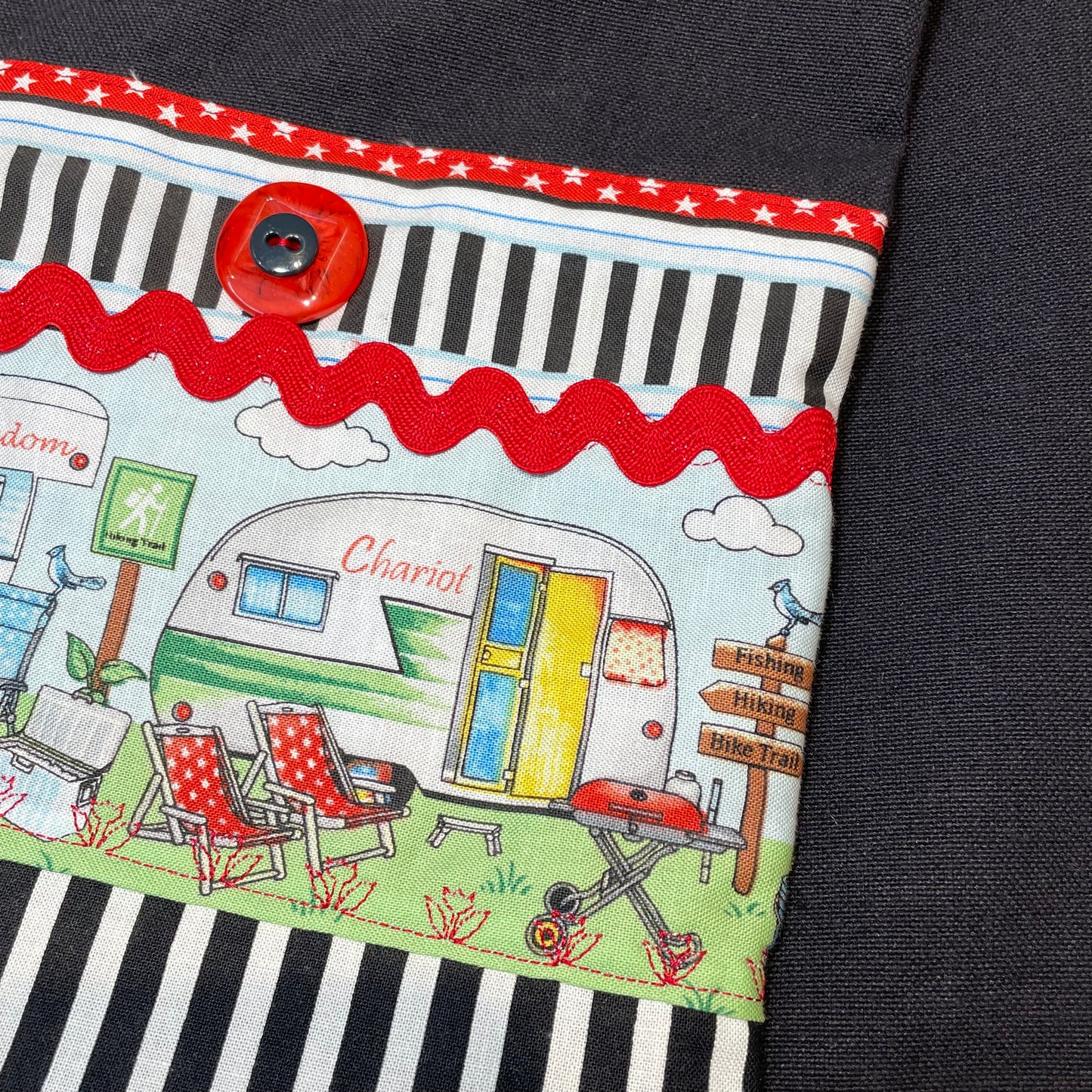 Glaming Decor Idea. Dress up your RV, Travel Trailer or Cabin with cute dish towles featuring retro campers. Black Dish Towel with red, white and black details. Handcrafted in Canada. Part of a collection of coordinating decor items. Shop the entire collection online. Find me at a local Farmers Market or follow along on the Home Stitchery Decor YouTube Channel. 
