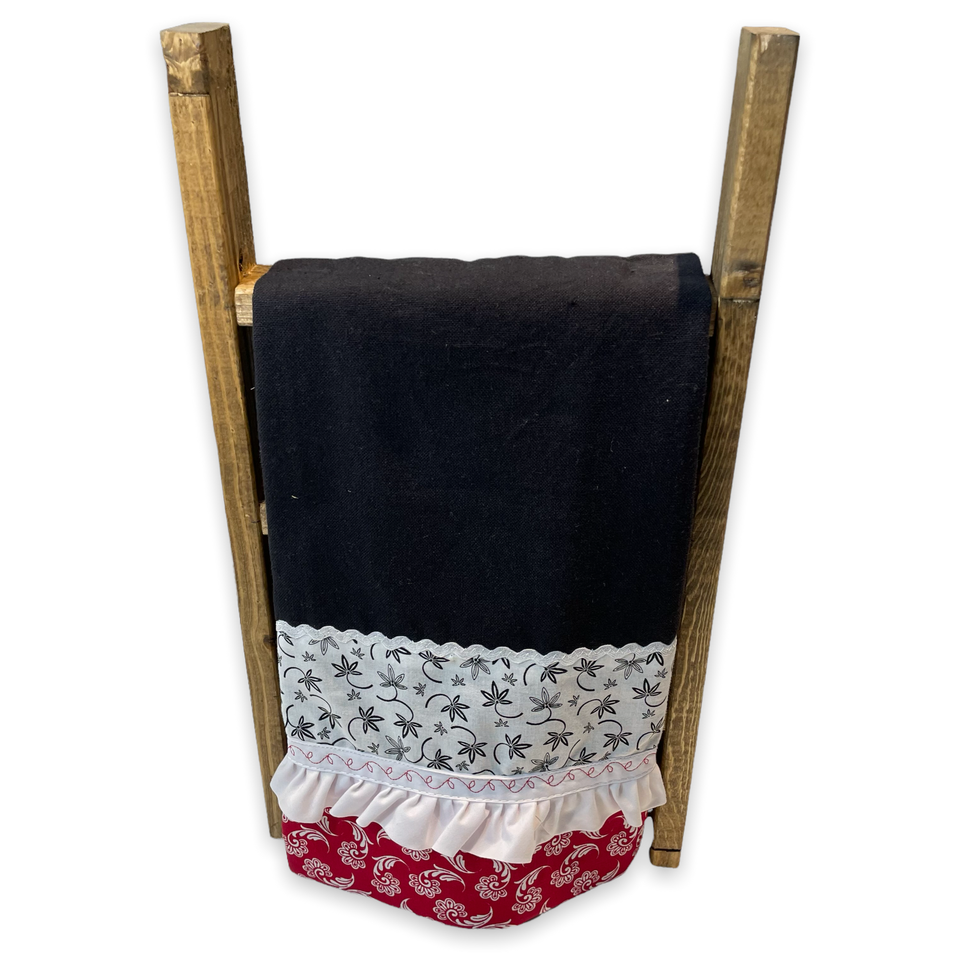 Farmhouse Kitchen Dish Towel featuring black toweling and quilt cotton accents. Embellished with white Ric Rac and Frilled Broadcloth with red embroidery stitching. Part of a collection of mix and match farmhemian styled home decor. Browse the entire collections online. Then head on over to the Home Stitchery Decor YouTube Channel for more Farmhouse DIY Decor fun!