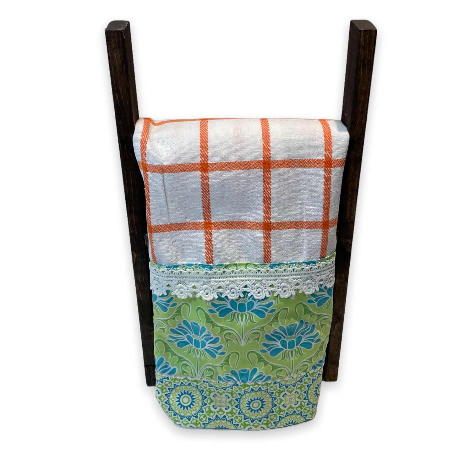 Cute Retro Decorative Dish Towel. Orange and White Checked Tea Towel with Handcrafted Accents - Home Stitchery Decor