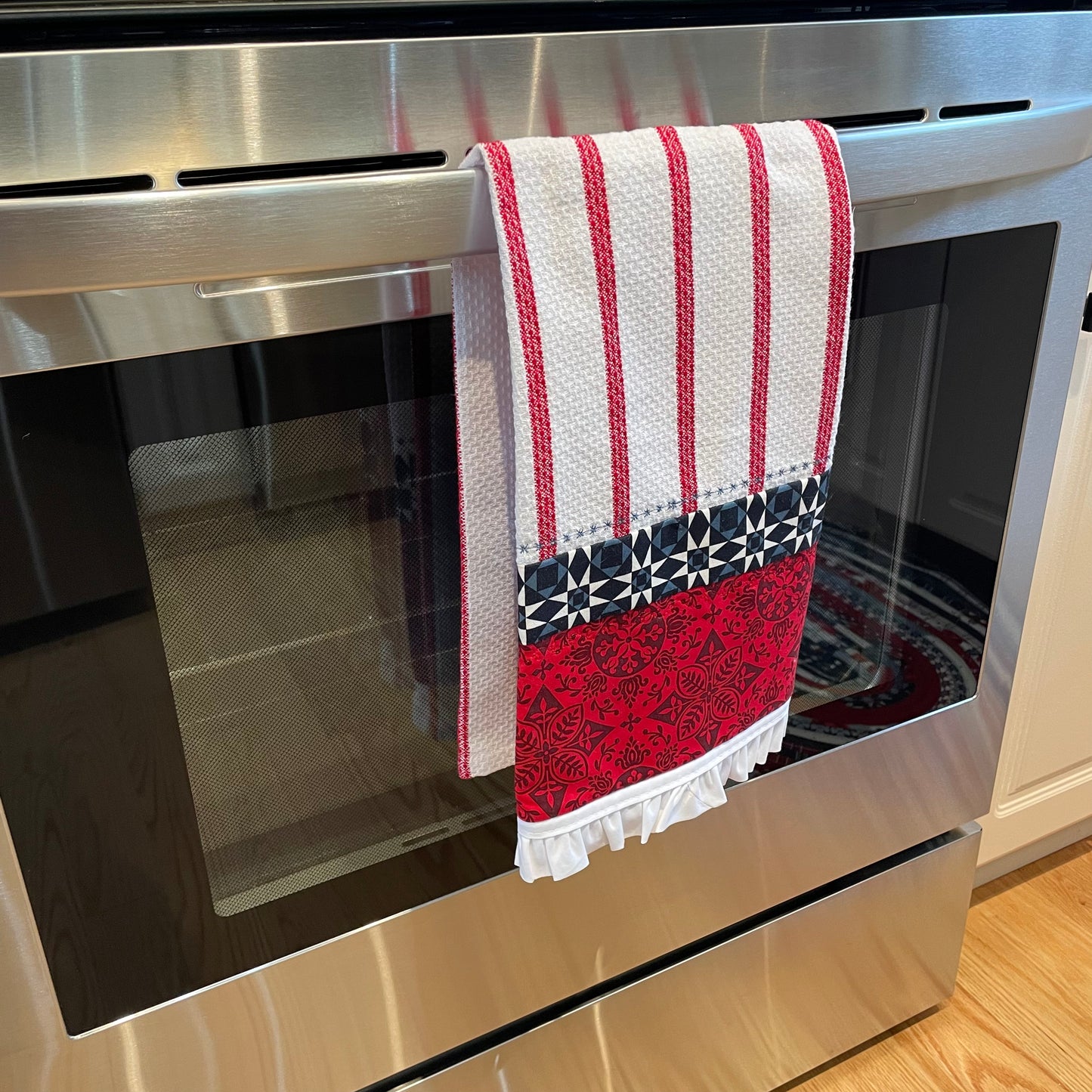 Red and White Handcrafted Kitchen Dish Towel, Modern Farmhouse Tea Towel - Home Stitchery Decor