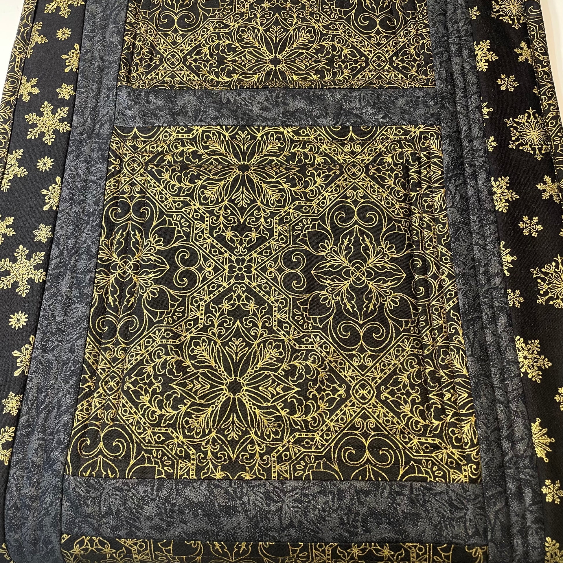 Black and Gold Christmas Table Runner, Quilted Christmas Table Runner - Home Stitchery Decor