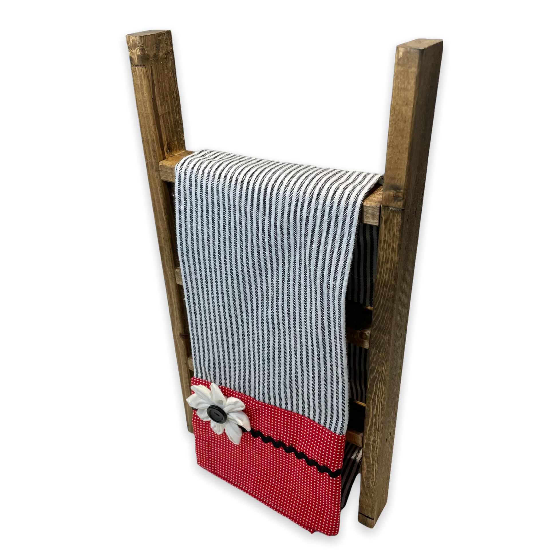 Red, white and black dish towel. With ric rac and hand stitched flower with button center. Farmhouse styled dish towels. This is a mix and match collection. Head over to the website to find all your favorite farmhouse fabulous decor for your entire home. Be sure to follow along on the Home Stitchery Decor YouTube Channel for more farmhouse fun!