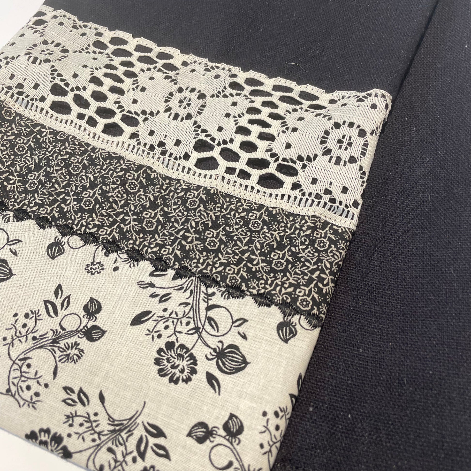 Black Cotton Floral Modern Farmhouse Tea Towel. Decorative Black Dish Towel. - Home Stitchery Decor