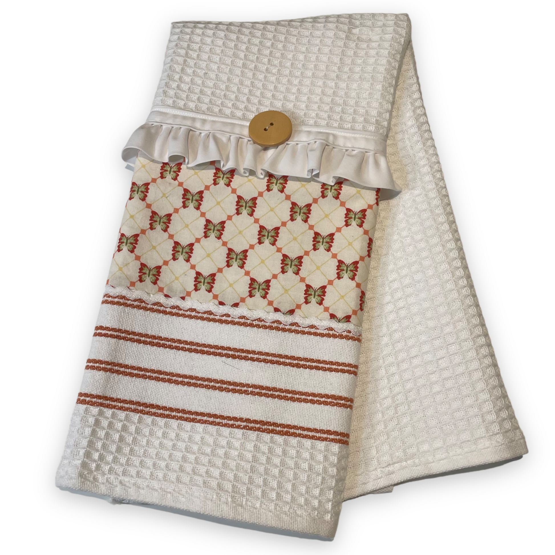Modern Farmhouse Kitchen Tea Towel With Handcrafted Accents. Orange and White Kitchen Dish Towel - Home Stitchery Decor