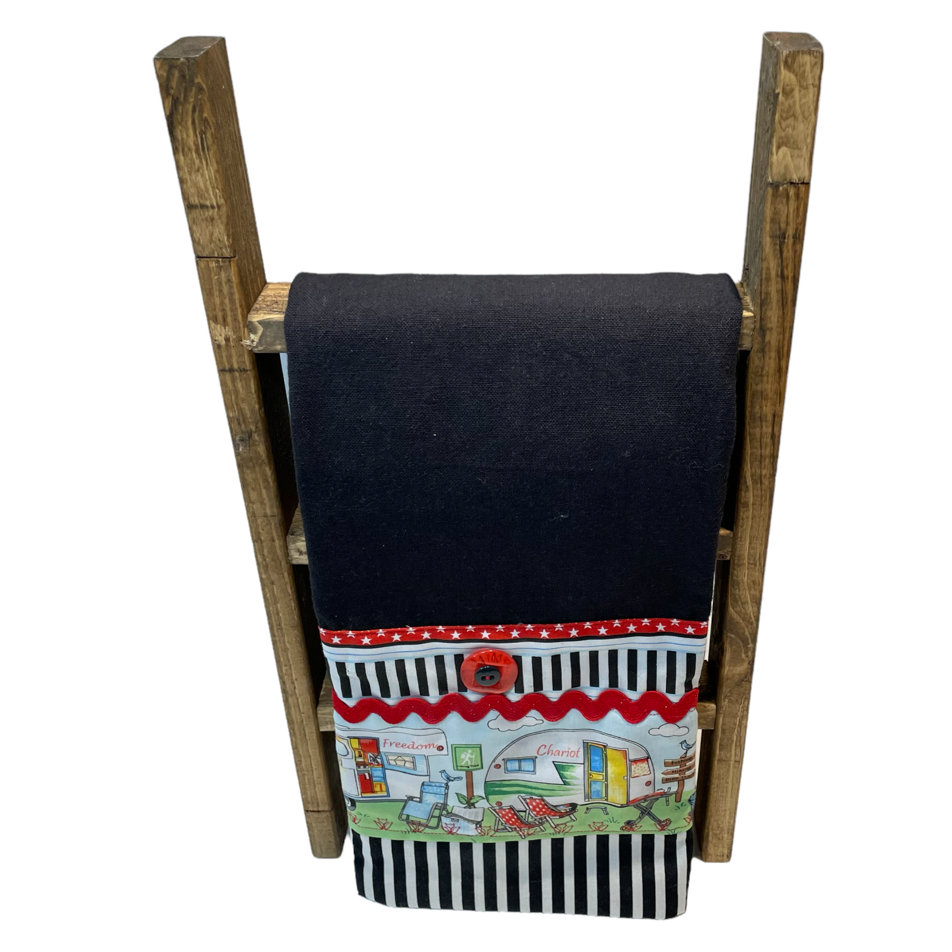 Glaming Decor Idea. Dress up your RV, Travel Trailer or Cabin with cute dish towles featuring retro campers.  Black Dish Towel with red, white and black details. Handcrafted in Canada.  Part of a collection of coordinating decor items.  Shop the entire collection online. Find me at a local Farmers Market or follow along on the Home Stitchery Decor YouTube Channel. 