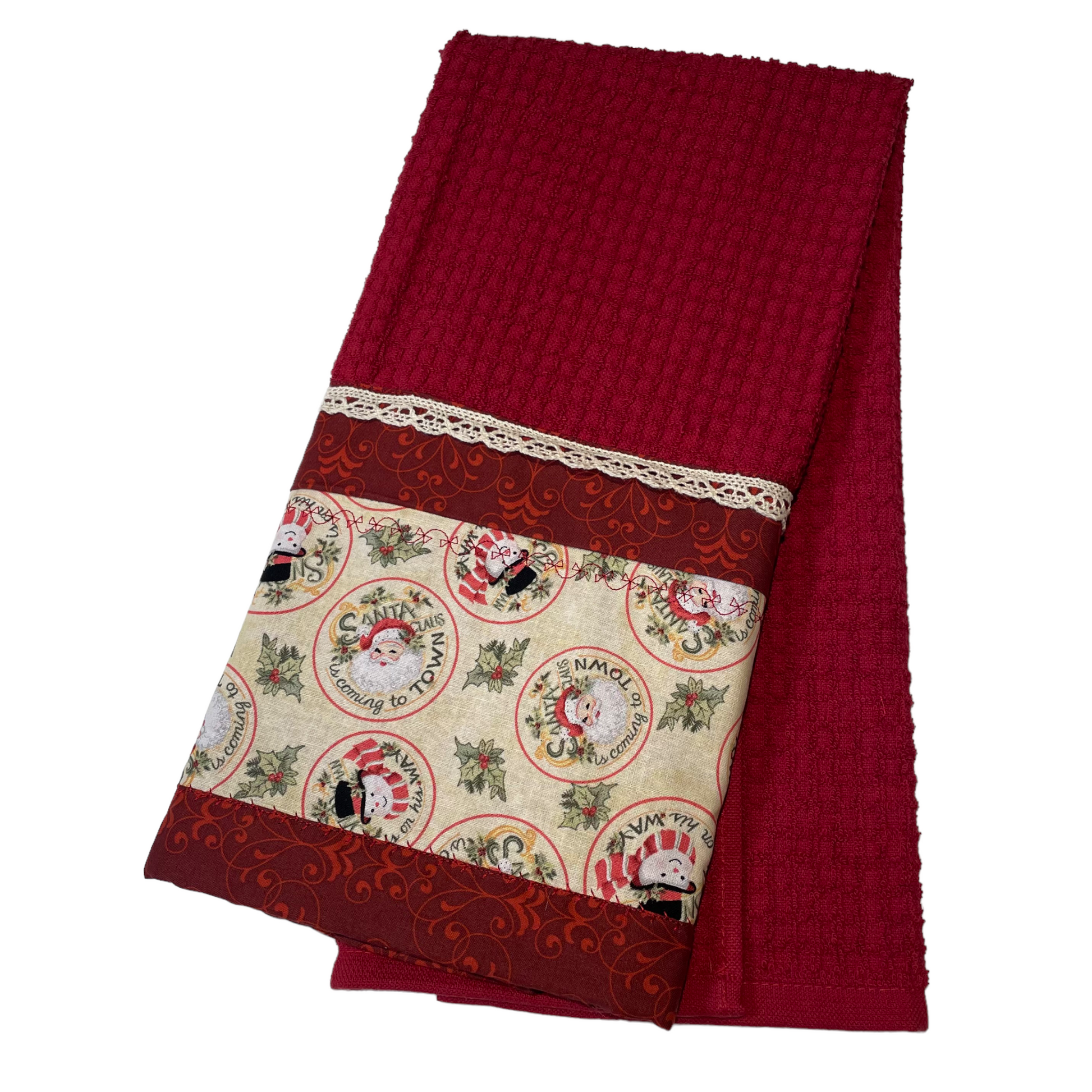 Retro Santas and Snowmen adorn this red Christmas Tea Towel. Handcrafted in Canada. Part of a mix and match collection of home decor. Shop the look at Home Stitchery Decor.